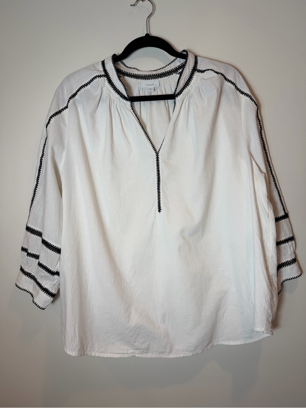 Pure Jill White 100% Cotton Embroidered Split Neck Peasant Blouse Top Ex Large